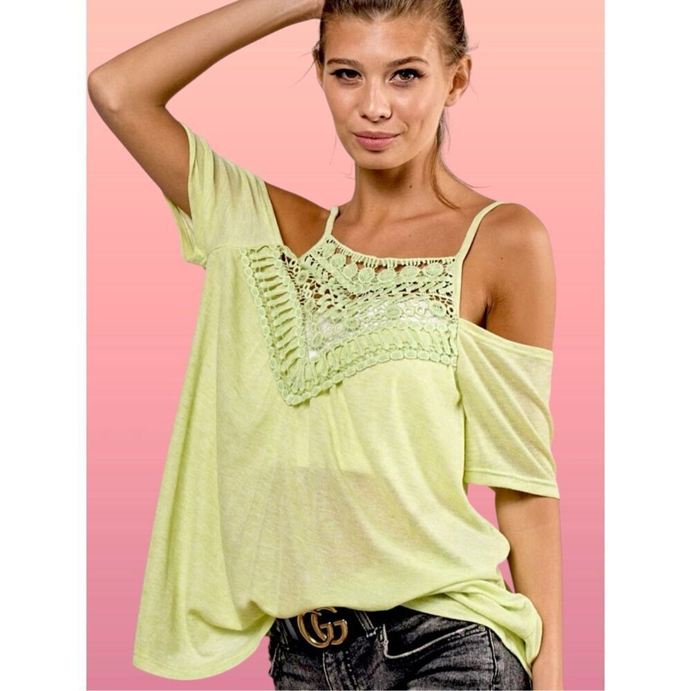 BiBi Crochet Lace Cold Shoulder Top Boho Strappy Off Shoulder Blouse Lime Green